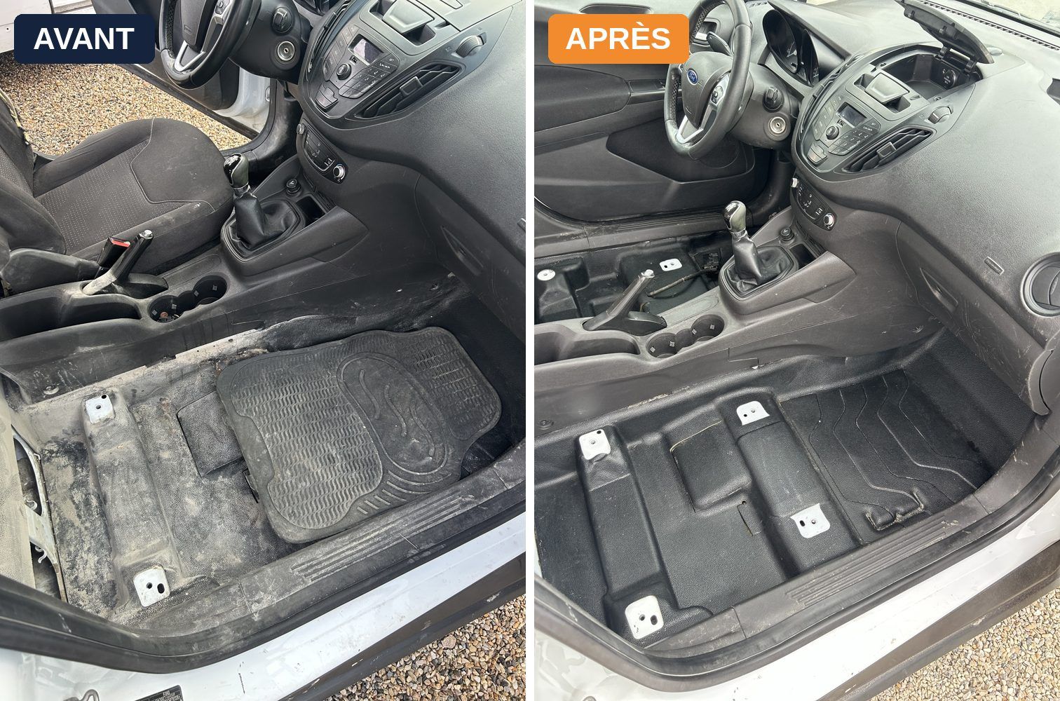 Plancher d'utilitaire Ford avant et après nettoyage