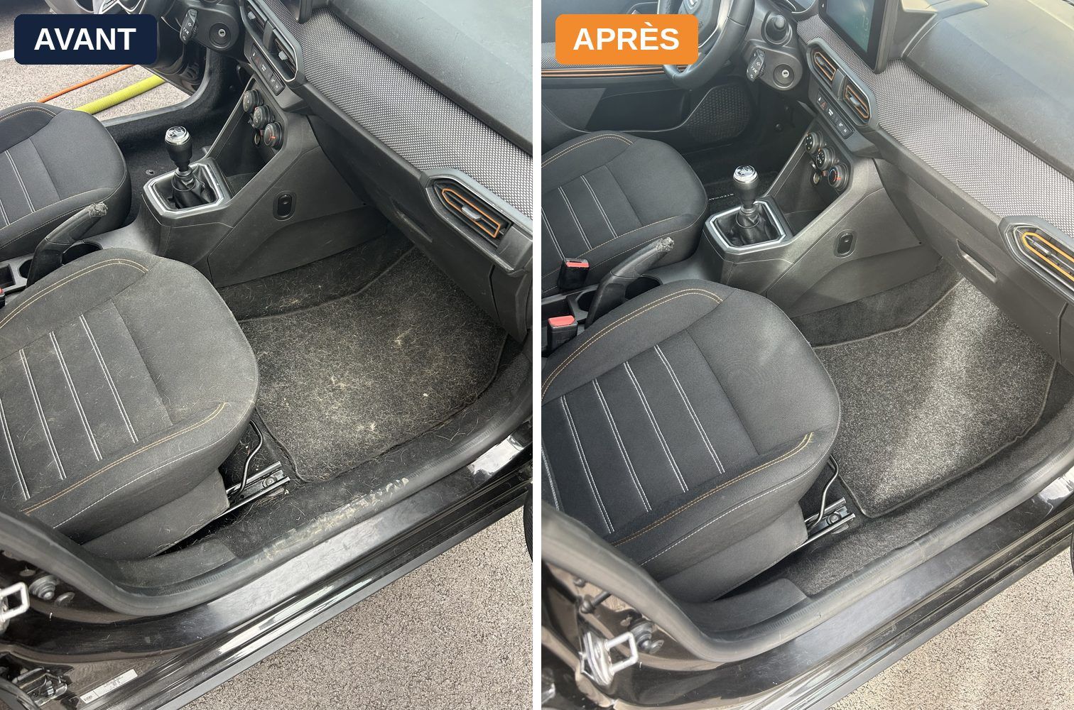 Moquette et siège avant de Dacia couverts de poils de chien, avant et après nettoyage
